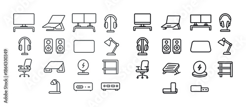 Modern office equipment icons set including desks, monitors, lam