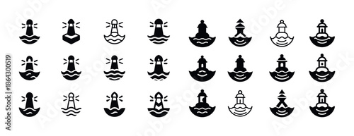 Set of lighthouse icons with waves and distinctive designs