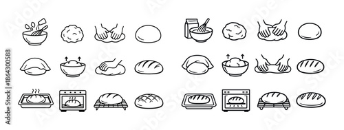Step-by-step bread making process illustrated in simple line drawings