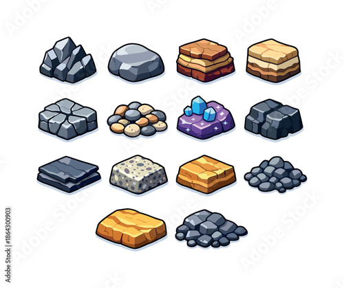 Colorful Rock Texture Icons. rock textures. Colorful isometric vector icons set of rock textures: jagged rock, smooth rock, layered rock, sediment band,