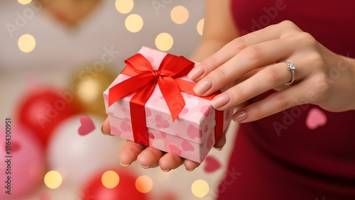 Close up on female hands holding a gift in a pink heart presents for valentine day, birthday, mother's day. Flat lay. Symbol of love. Valentines day background with a gift boxes on concrete board.