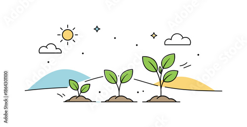 Nature's Gentle Rebirth. Nature rebirth concept. Young plants growing from the ground, simple hills and sky forming a gentle landscape. Visual metaphor for