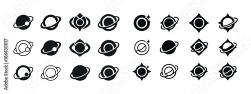 Set of 20 black planet icon variations in minimal design style
