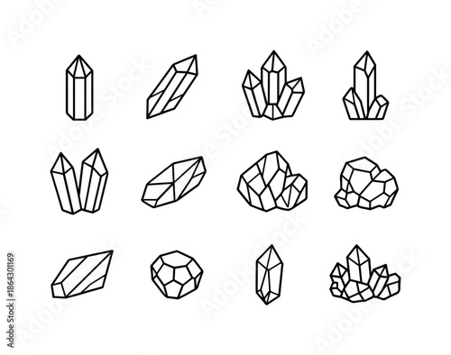 Crystal Icon Set. Crystal cluster pieces. Line icon set of Crystal cluster pieces: point crystal, side facet shard, cluster tip, inner shard, split crystal,
