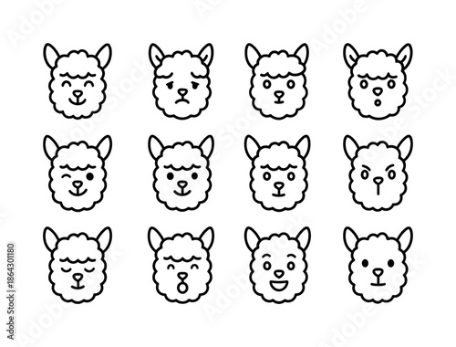 Alpaca Expressions Line Art. Alpaca expressions. Line icon set o