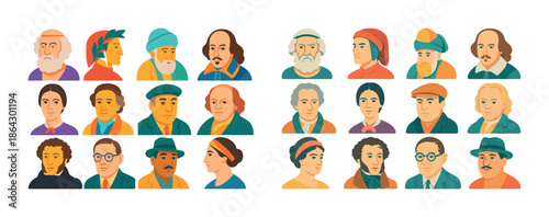 Portraits of historic figures studying language and literature