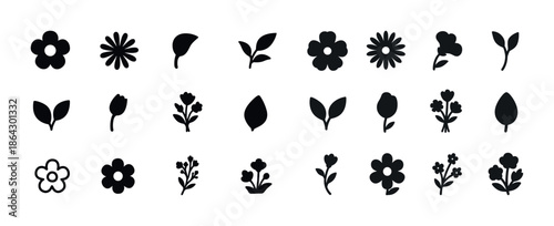 Collection of 21 black silhouette floral icons in various shapes