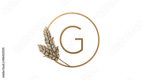 Minimalist golden letter G logo with wheat ears in a circular design, symbolizing organic food, bakery, harvest, or natural products.