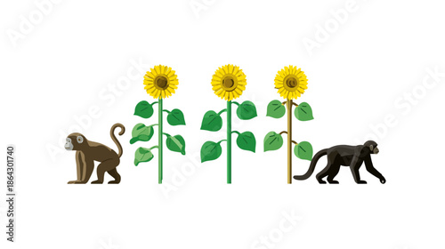 Two Playful Monkeys and Three Vibrant Sunflowers Vector Illustration. Tropical Wildlife and Botanical Digital Art.