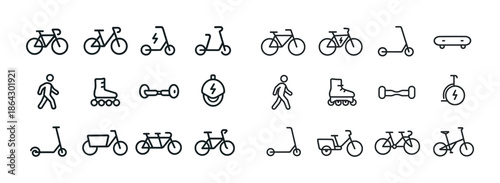 Minimalist icon set of bicycles, scooters, and personal transpor