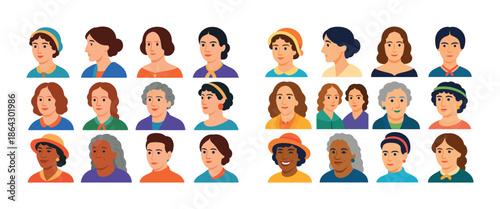 Colorful diverse portraits of women in various hairstyles and outfits