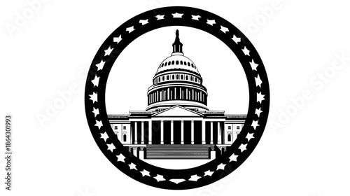 Stylized capitol building vector illustration with dome, columns, and star circle frame, representing government and democracy.