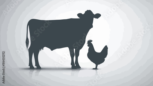 Black Silhouettes of a Cow and Chicken Side-by-Side on a Reflective Surface, Farm Animal Vector Illustration