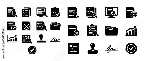Document and data management icons set for business and office use