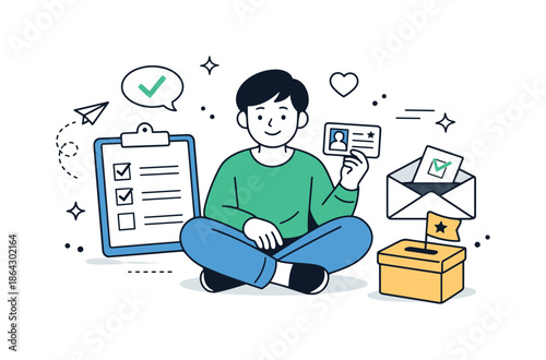Civic Artistry Illustration. Civic Symbols Illustration ? Citizenship and Participation. A calm character interacting with symbols like a form, envelope, or
