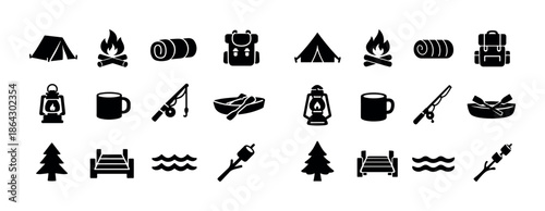 Camping and outdoor adventure icons set: tent, campfire, backpack, fishing, kayak
