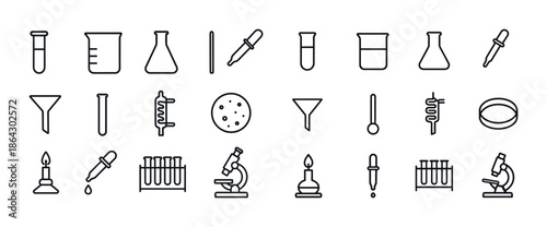 Laboratory equipment icons: test tubes, beakers, pipettes, micro