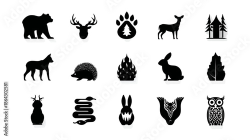 Forest Wildlife Animals Silhouettes Vector Icons Set. Collection of Wild Bear, Deer, Rabbit, Fox, Owl, Snake, Hedgehog, Trees, Paw Print.