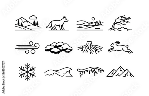Winter Animal Icons. Snowy landscapes with animals in winter habitats. Line icon set of snowy landscapes with animals in winter habitats: icy hillside, fox