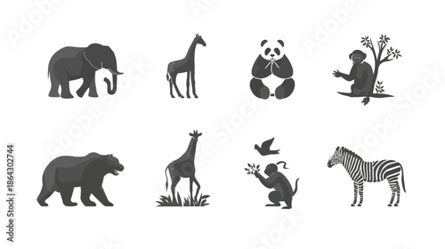 Diverse wild animal vector illustrations set in monochrome. Features elephant, giraffe, panda, bear, monkey, and zebra graphics.