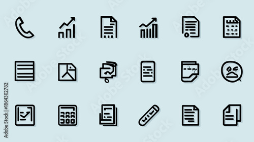 Modern business and office line icons set. Outline vector symbols for finance, data analysis, documents, communication, and productivity.
