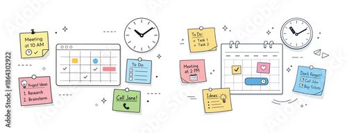 Colorful office schedule with calendars, clocks, and sticky notes