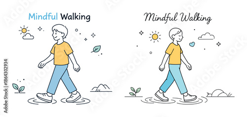 Young asian male practicing mindful walking outdoors