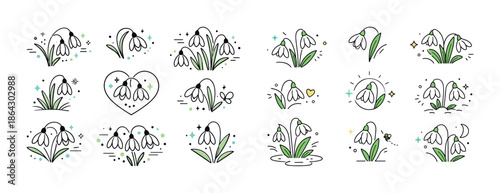 Cartoon style snowdrop flowers in various minimalist settings with colorful accents