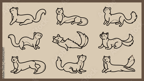 Collection of Cute Cartoon Weasel Illustrations in Various Poses - Adorable Hand-Drawn Vector Art Set