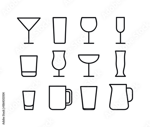 Glassware Icon Set. Glassware. Line icon set of Glassware: marti