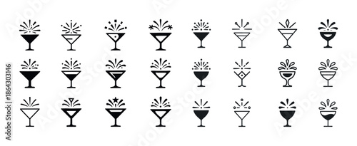 Set of cocktail glass icons with splash designs on white backgro