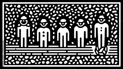 Minimalist black and white vector graphic of five stylized people with a soccer ball, depicting a team or sports community.