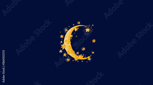 Golden crescent moon and twinkling stars on a deep blue night sky, a whimsical celestial illustration for dreamy designs
