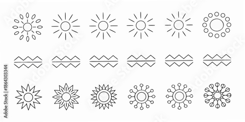 Arrangement of stylized sun and wave line art icons in a grid format