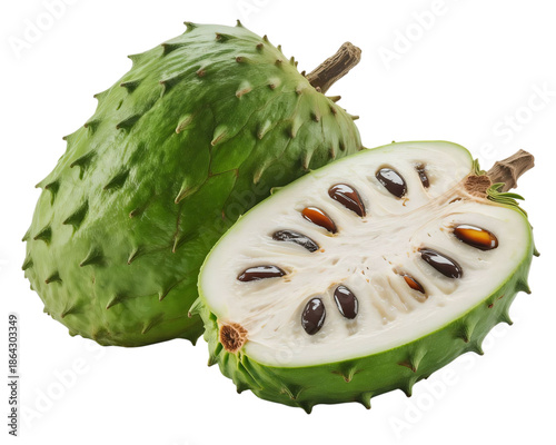Fresh soursop fruit whole and halved, guanabana with white pulp and black seeds, transparency, cut-out design for food packaging.
