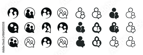 Set of family icons in speech bubbles showing various conceptual