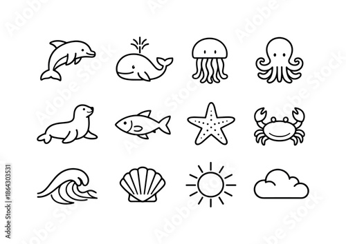 Ocean Life Icons. Ocean life icons. Line icon set of Ocean life icons: dolphin, whale, jellyfish, octopus, seal, fish, sea star, crab, wave icon, shell, sun,