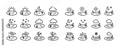 Weather icons set: sun, moon, clouds, rain, stars, wind, snow