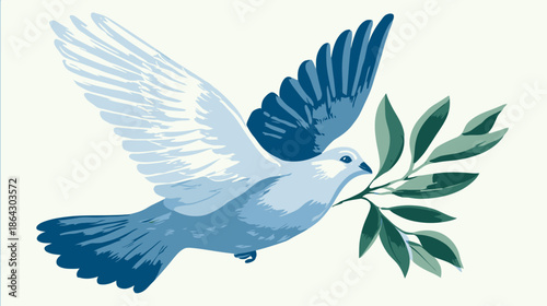 Stylized blue dove flying with an olive branch, a beautiful symbol of peace, hope, freedom, and new beginnings