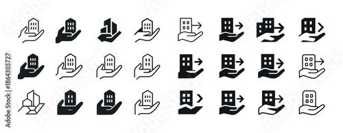 Set of real estate icons featuring buildings and hands in variou