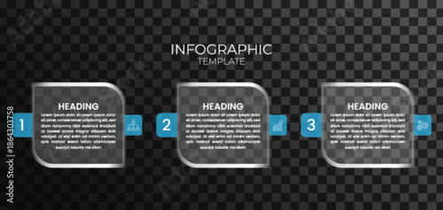 Modern 3 Step Horizontal Business Infographic Template. Glassmorphism UI Elements with Blue Labels and Icons for Process Flow and Workflow Layout.