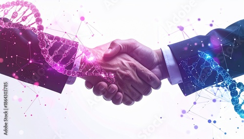 Handshake between two business people, with DNA strands. Networking and collaboration