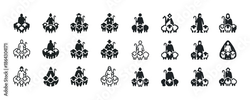 Shepherd and sheep silhouette icons set in various positions and