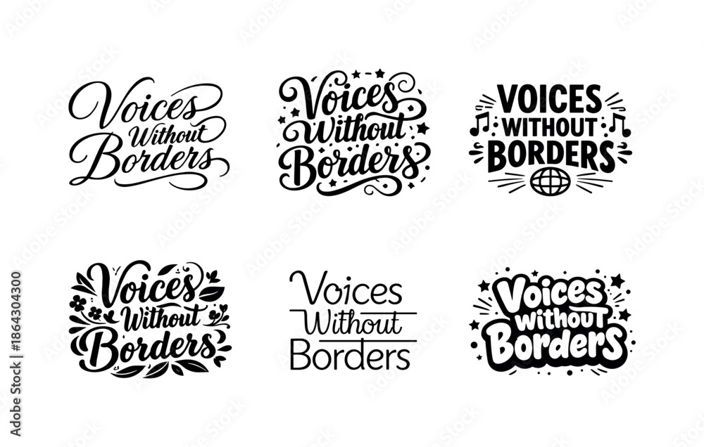 Fototapeta premium Voices Typography Grid. Voices Without Borders. Set lettering. harmonious lettering variations of the same emblematic concept, each with different artistic