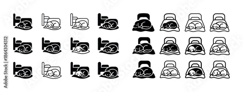 Twenty stick figure dogs sleeping on beds in black and white ico