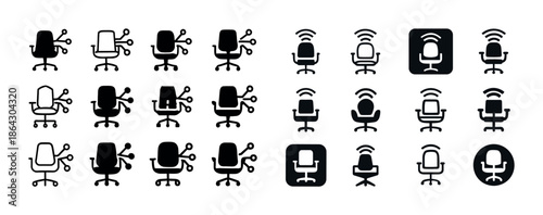 Set of office chairs icons with wi-fi and tech symbols