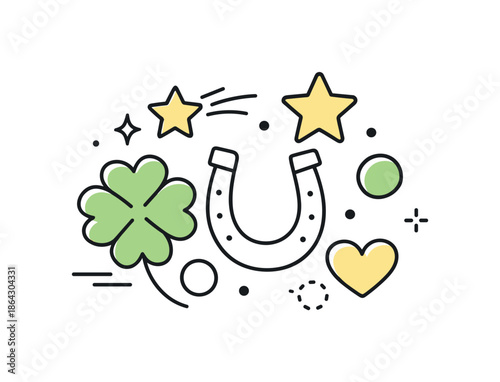 Harmonious Good Luck Symbols. Good luck symbols. Minimal shapes like clovers, stars, and circles arranged in a harmonious abstract composition. The scene
