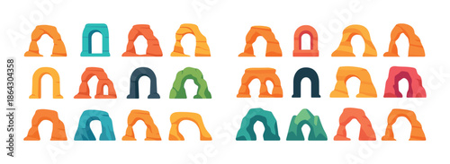 Colorful cartoon stone arches in various shapes and styles