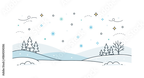 Minimal Winter Scene. Snow and winter backdrop. Minimal snow scene with layered hills, tree silhouettes and falling snowflakes, soft and open layout for winter