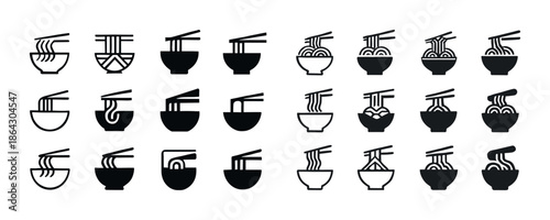 Variety of noodle bowl icons with chopsticks in black and white